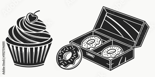 A treasure chest filled with gold coins and a cupcake on the side. Vector