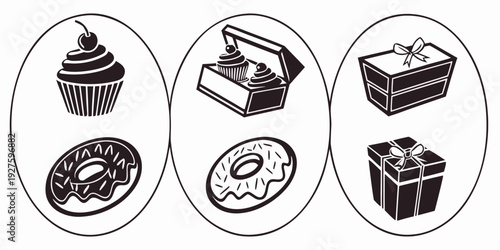 Assorted pastries and desserts displayed in a row with different shapes and toppings Vector