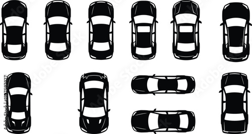 Car top view silhouettes set showing multiple vehicle models, black automobile icons collection isolated on white background for transport, traffic and automotive design concepts