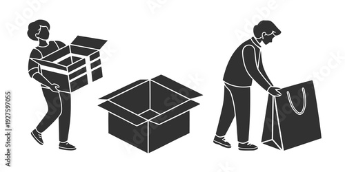 Two individuals are engaged in the process of packing and moving items into boxes. Vector