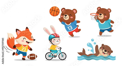 Cute cartoon animals playing sports and enjoying activities.