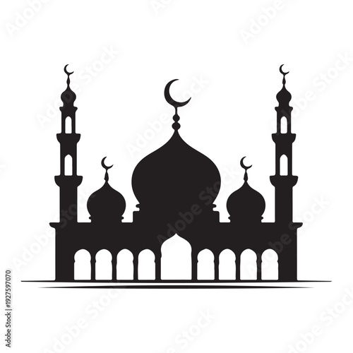 Stylish Islamic mosque night skyline with crescent and bright stars illustration