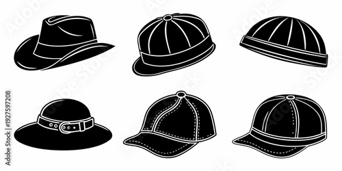 A collection of various types of hats and caps displayed in black and white Vector
