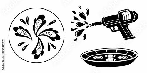 A graphic depicting a gun shooting at a target with a hole in it. Vector