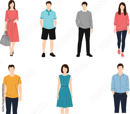 Diverse group of young adults in casual everyday outfits dresses polo shirts sweaters jeans standing confidently vector illustration modern fashion