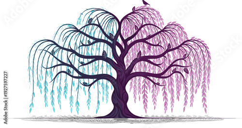 Abstract dual color willow tree illustration with blue and purple leaves, symmetrical fantasy nature design, decorative vector art isolated background elegant modern