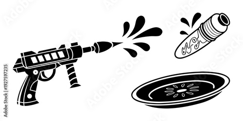 A whimsical illustration of a flying saucer being shot by a toy gun Vector