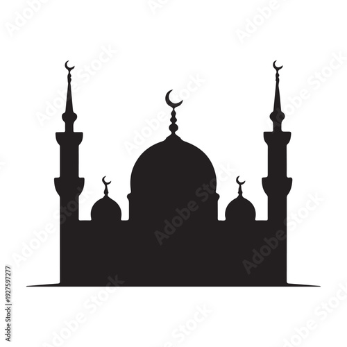 Heritage Islamic mosque silhouette with crescent moon and decorative star accents