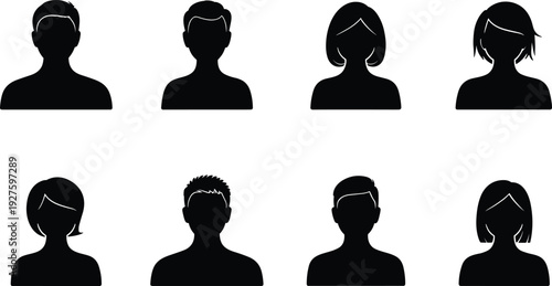 Silhouettes Of Eight Diverse Male And Female Heads And Shoulders profile person