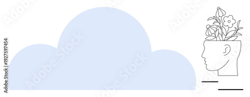 Human head profile with blooming flowers in place of the brain, symbolizing creativity, growth, and mental well-being. Ideal for mindfulness, imagination, self-care, nature, innovation positivity