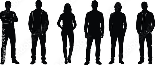 Diverse group of young men and women in casual jackets jeans confident standing poses black silhouette vector illustration modern everyday fashion