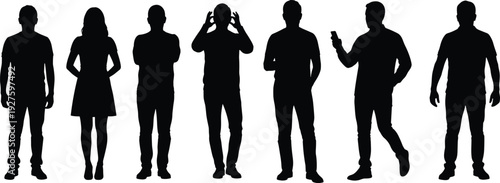 Diverse group of young people in casual poses standing talking gesturing phone use black silhouette vector illustration modern everyday lifestyle