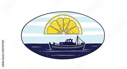 A stylized illustration of a boat sailing on the ocean with a large yellow sun setting in the background, creating a serene and adventurous atmosphere, ideal for travel and maritime themes.