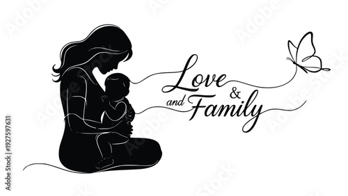 Mother holding baby in her lap with love surrounded by a butterfly and elegant typography conveying love and family bond beautifully.
