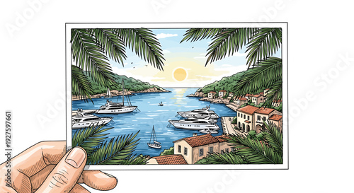 A hand holds a colorful postcard depicting a serene tropical bay with boats, palm trees, and a sunset in the background, evoking a sense of relaxation and travel.