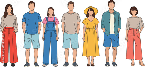 Diverse group of young people standing in row casual modern outfits colorful fashion styles faceless figures trendy clothing illustration set avatars