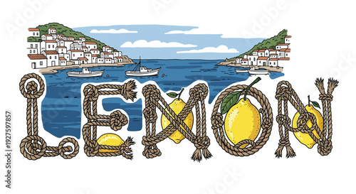 A vibrant illustration featuring the word 'LEMON' crafted from nautical ropes, set against a serene coastal town backdrop with lemons and a picturesque sea view.