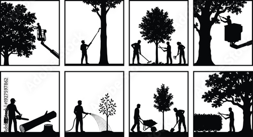 Tree care and landscaping work silhouettes set showing pruning, cutting, watering, planting and maintenance activities by professional arborists isolated on white background