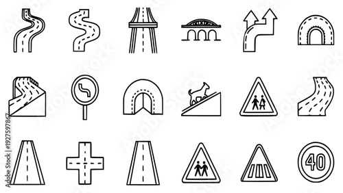 Collection of simple line icons representing various road directions and traffic signs for navigation and transportation purposes effectively conveying route information in a minimalist design style.