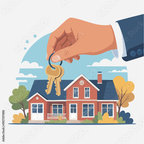 Hand holding golden house keys in front of a residential property
