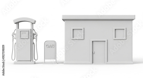 Gas station and building in a minimalist style, white color, isolated on white background.