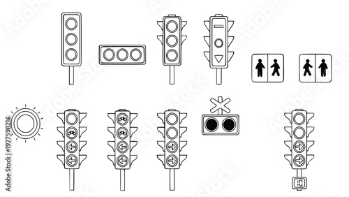 Collection of various traffic light designs and pedestrian signals in different styles and configurations for urban infrastructure and transportation systems worldwide.