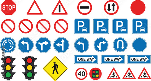 Collection of various traffic signs including stop, parking, and direction signs vector illustration