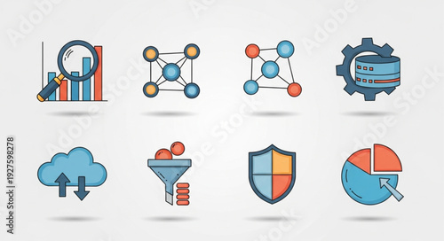 Data analysis and visualization icons representing various technological concepts and processes.