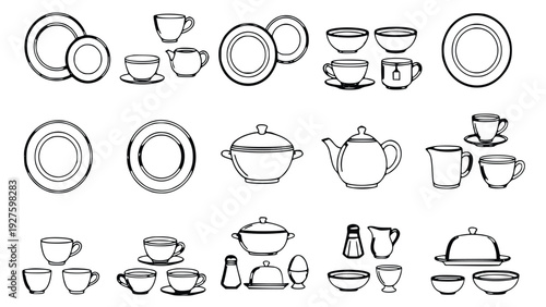 Collection of hand drawn tableware illustrations including plates, bowls, cups, teapots, serving dishes, and other dining essentials in simple black and white line art style.