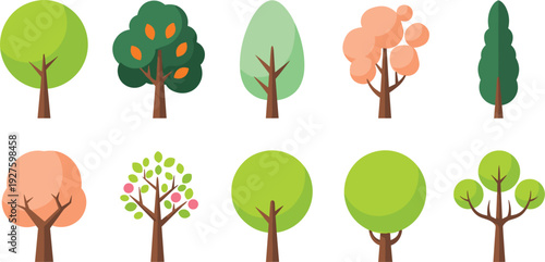 Colorful cartoon trees with seasonal changes and vibrant foliage in flat vector style