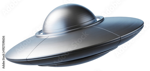 Silver UFO with dome on spaceship flying saucer metallic isolated on a transparent background