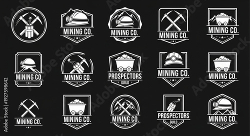 Collection of mining company logos in various shapes and designs, vintage style.