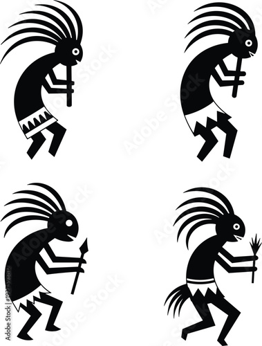 Kokopelli flute player silhouettes set representing Native American fertility spirit dancing music folklore symbol vector illustration isolated on white background