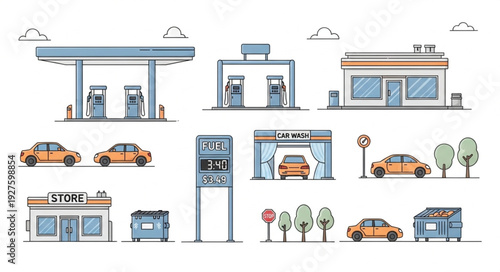 Gas station and car wash services with various vehicles and related elements.