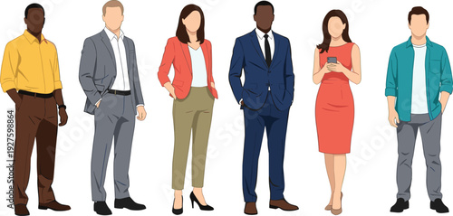 Diverse multiethnic faceless people group in modern business casual fashion, suits blazers shirts dresses trousers, blank faces flat vector illustration standing.