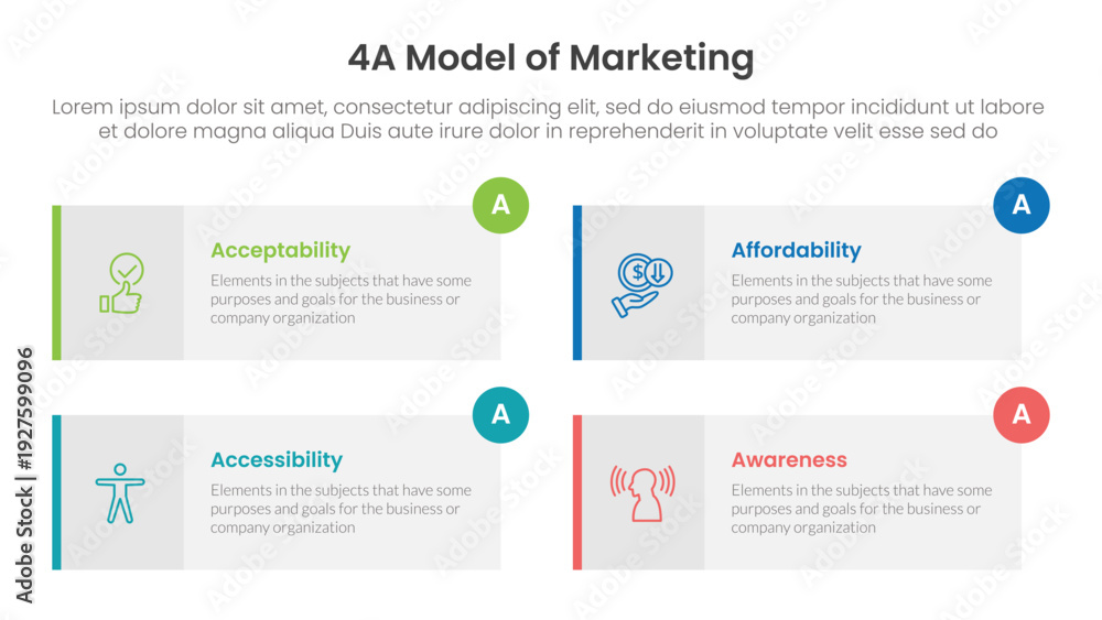 Obraz premium 4A model of marketing infographic 4 point stage template with long rectangle box symmetric circle badge for slide presentation