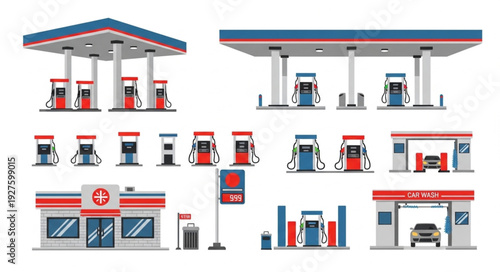 Collection of various gas station buildings and fuel pumps for commercial use.