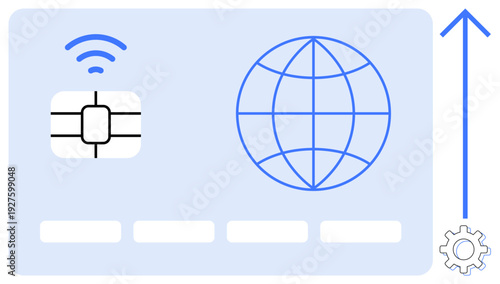 Global communication, fintech, data security, wireless technology, digital payment, system optimization. Smart chip, globe icon upward arrow gear symbol. Global communication and fintech concept
