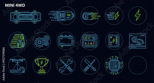 Mini 4WD Circuitry Icons - Futuristic Digital Racing Components Displayed.