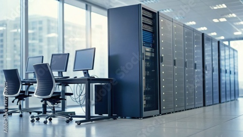 Modern data center room with server racks and workstations featuring multiple monitors and ergonomic office chairs in a bright, spacious environment.