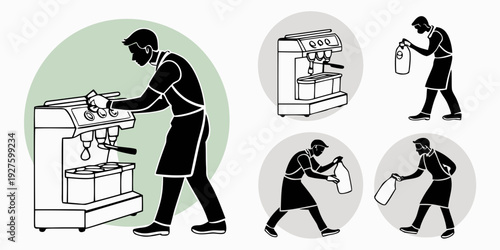 A man is performing various household chores including cooking, cleaning, and laundry. Vector