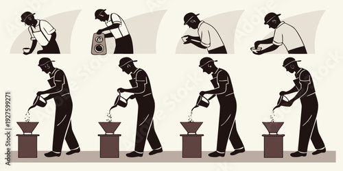 A sequence of illustrations depicting a person performing various gardening tasks Vector