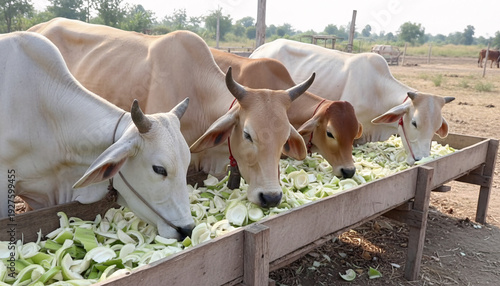 roup of cows eating chopped banana stalks and green fodder in a wooden trough on a local farm in Thailand, agricultural livestock concept.