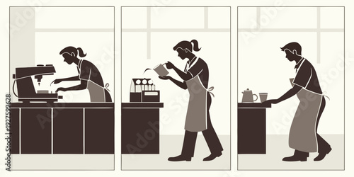 Construction workers diligently building a brick wall together Vector