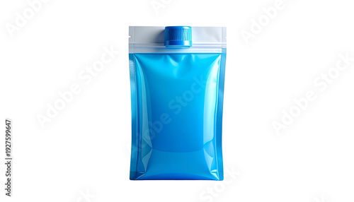 Isolated vertical image of a translucent blue pouch with a white top and a blue cap