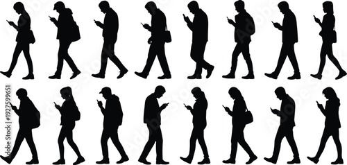 People walking with smartphones silhouettes collection, men and women using mobile phones isolated on white background vector illustration