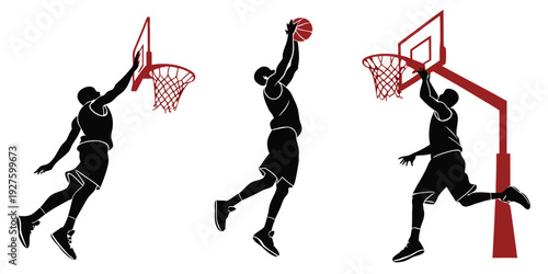 Three basketball players in action, each performing a different move near the hoop. Vector