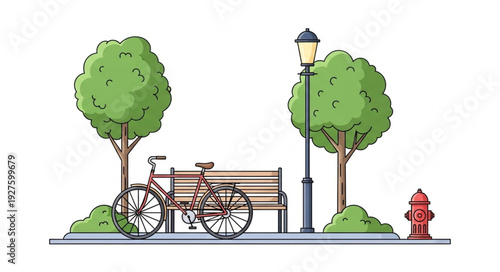 Park scene featuring a bicycle, bench, trees, and a street lamp.