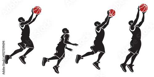 Four people playing basketball in a row, each holding a basketball. Vector