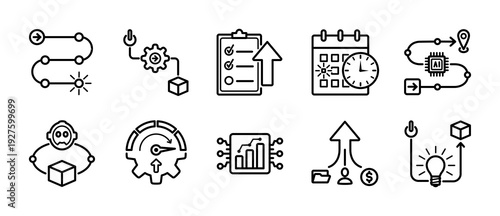 AI Workflow Intelligence System Vector Icon Set - Simple clean outline style used for technology and enterprise, education, business, finance, corporate, industry manufacturing